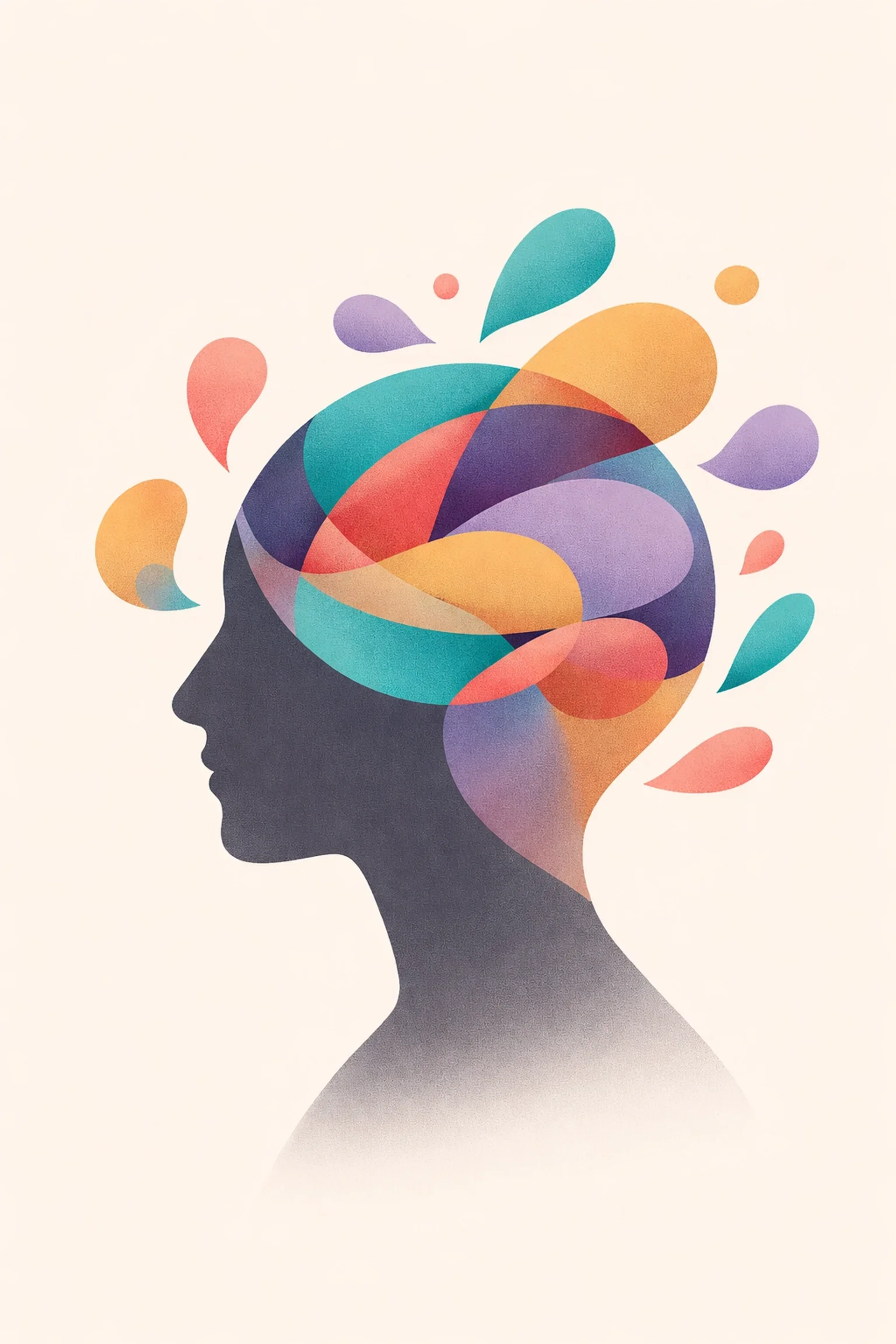 Abstract illustration of a human head filled with swirling colors, representing mental load, distraction, and complexity in business decision making.
