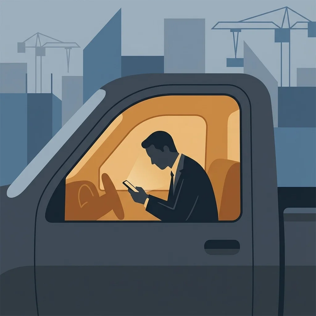 Illustration of a professional using a smartphone while sitting in a vehicle, representing distracted driving or mobile work on the road.