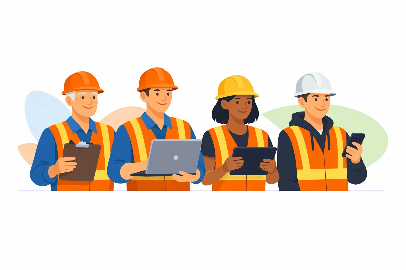 Field workers using mobile devices and laptops to log work, review tasks, and stay connected across job sites.