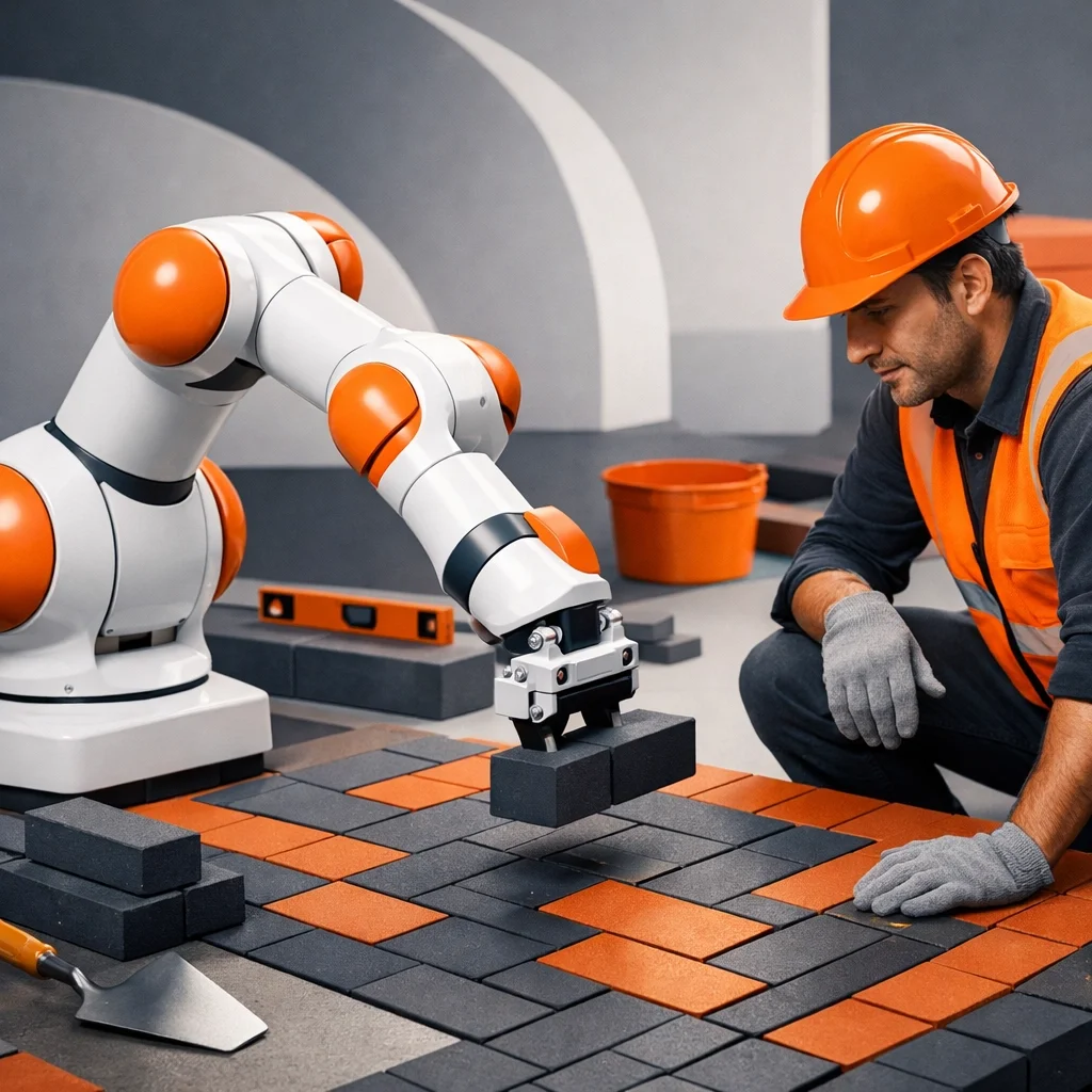 Collaborative robot cobot working with construction worker on repetitive bricklaying task at building site