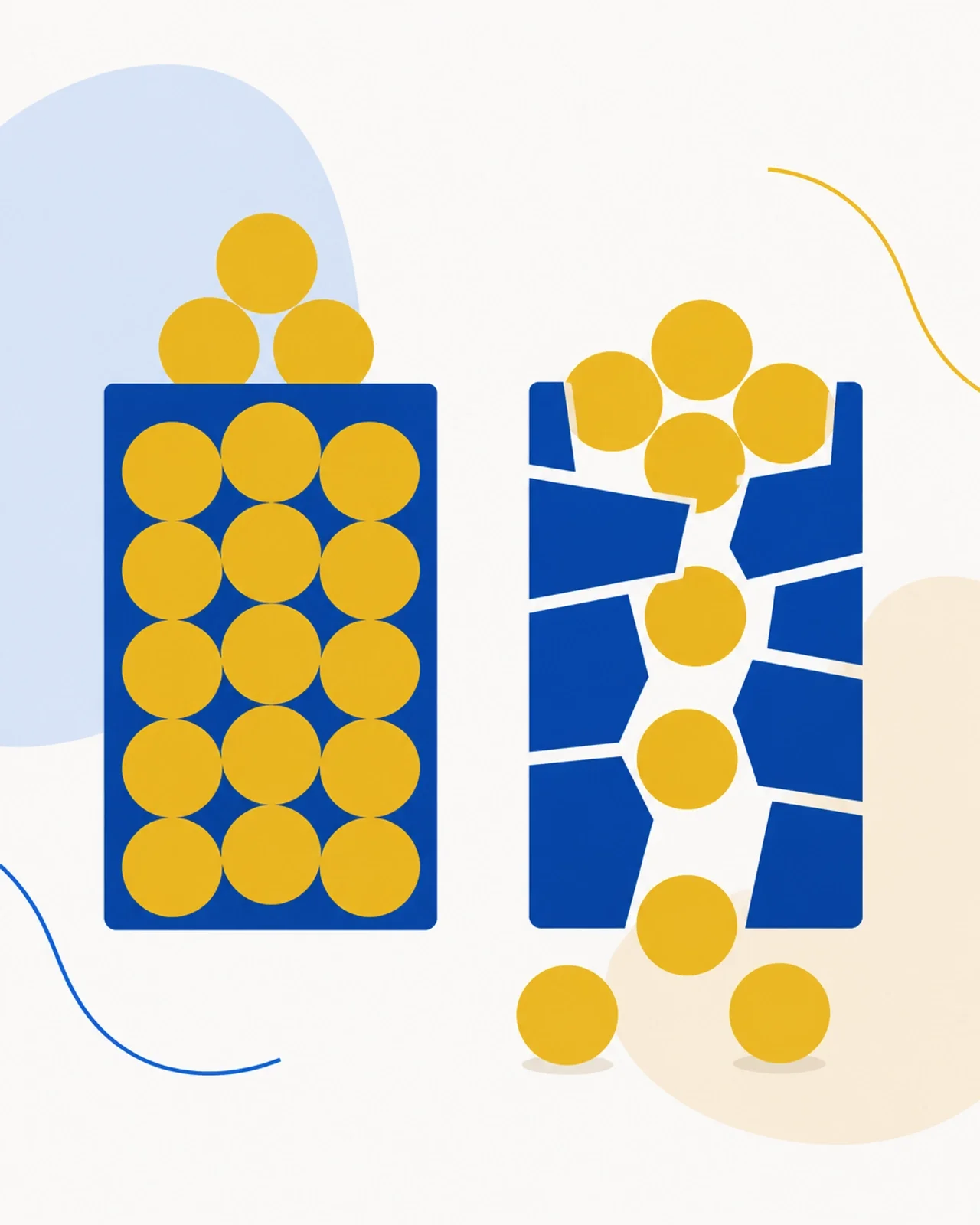Abstract illustration comparing organized resource management versus system breakdown, symbolizing scalability challenges, operational bottlenecks, and process efficiency.