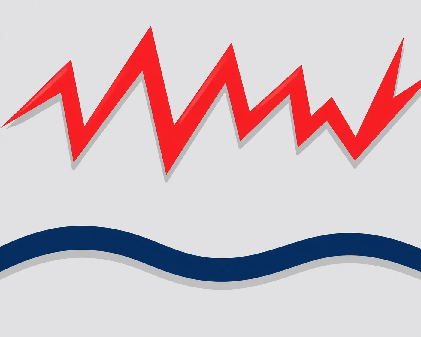 Red zigzag line above a smooth blue wave, representing volatility, market fluctuations, instability, and contrasting trends in business or finance.