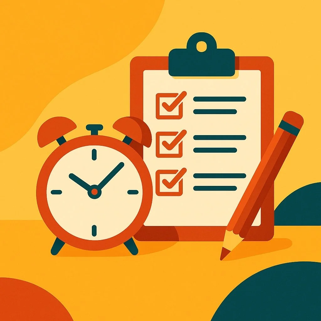 Minimalist illustration of an alarm clock, checklist clipboard, and pencil symbolizing discipline, productivity, and daily routines in bold flat colors.