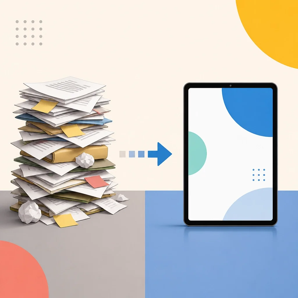 A minimalist comparison of a clean digital interface and a messy stack of paper, showing the transition to digital clarity.