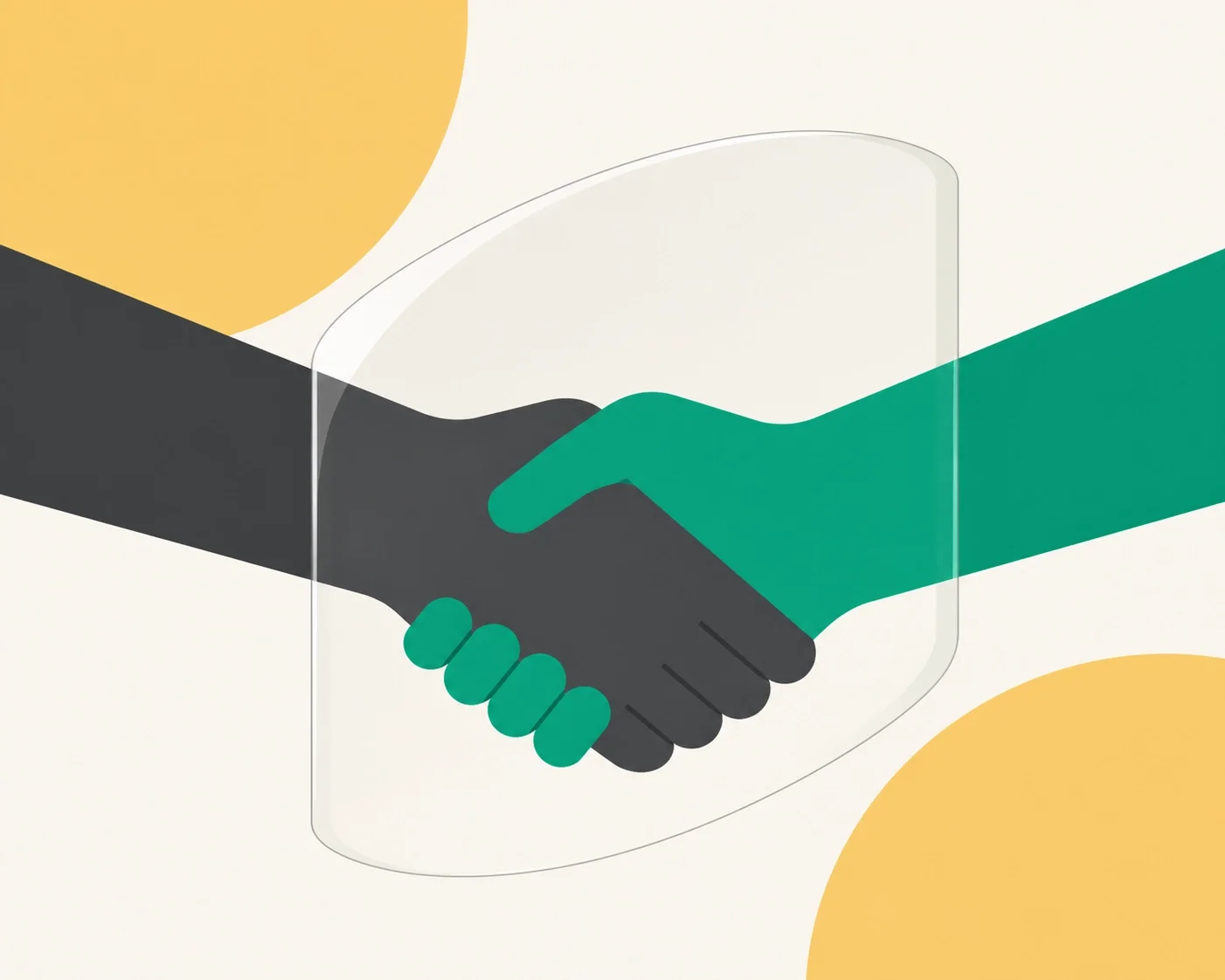 Two hands shaking through a transparent shield, symbolizing secure partnerships, trust, protected collaboration, and business security.