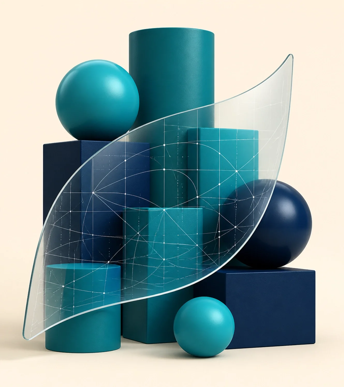 Abstract geometric shapes with a transparent analytical overlay, symbolizing data modeling, forecasting, and structured business insights.