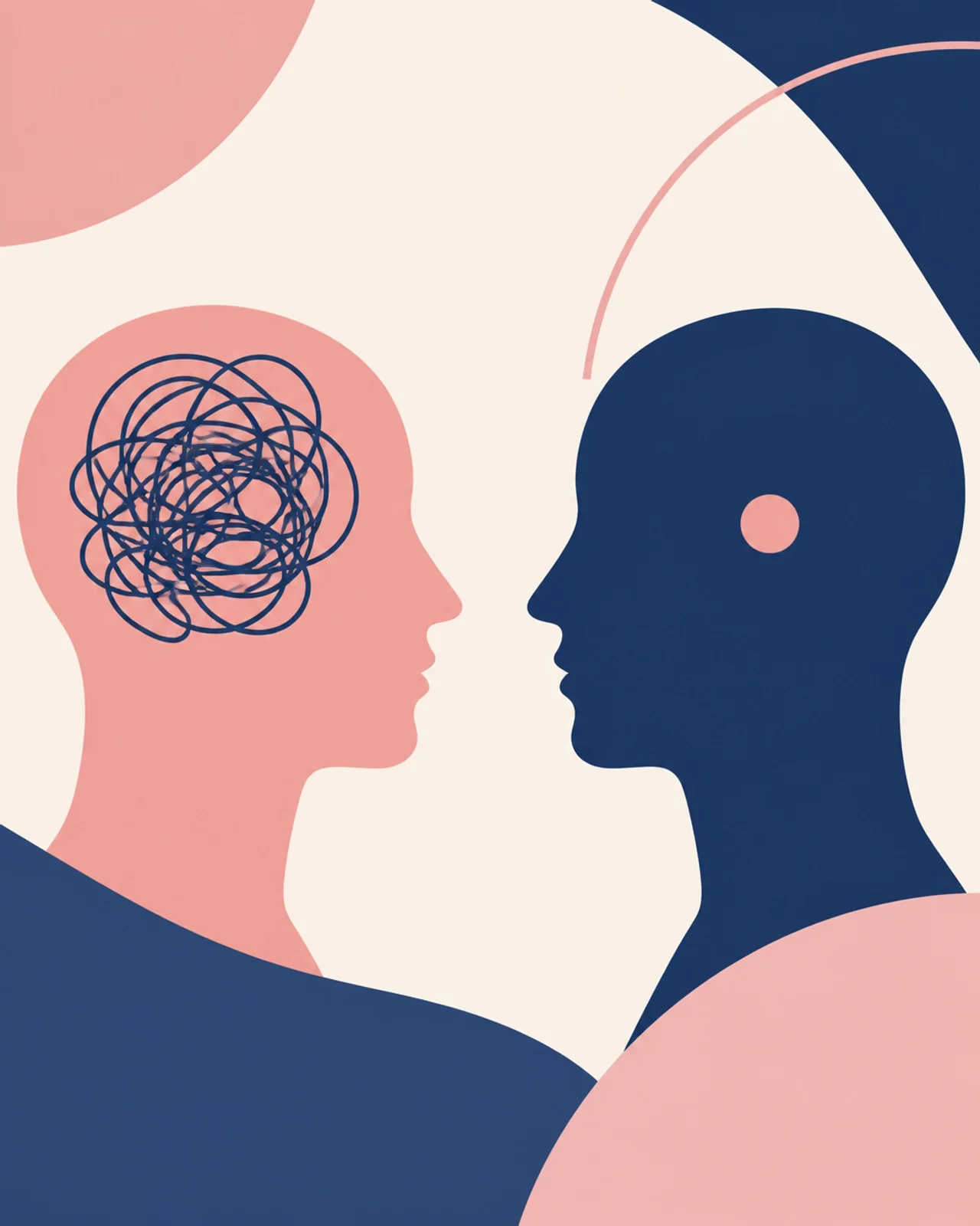 Two minimalist head profiles comparing a stressed mind filled with scribbles to a clear, calm mind with a single dot.