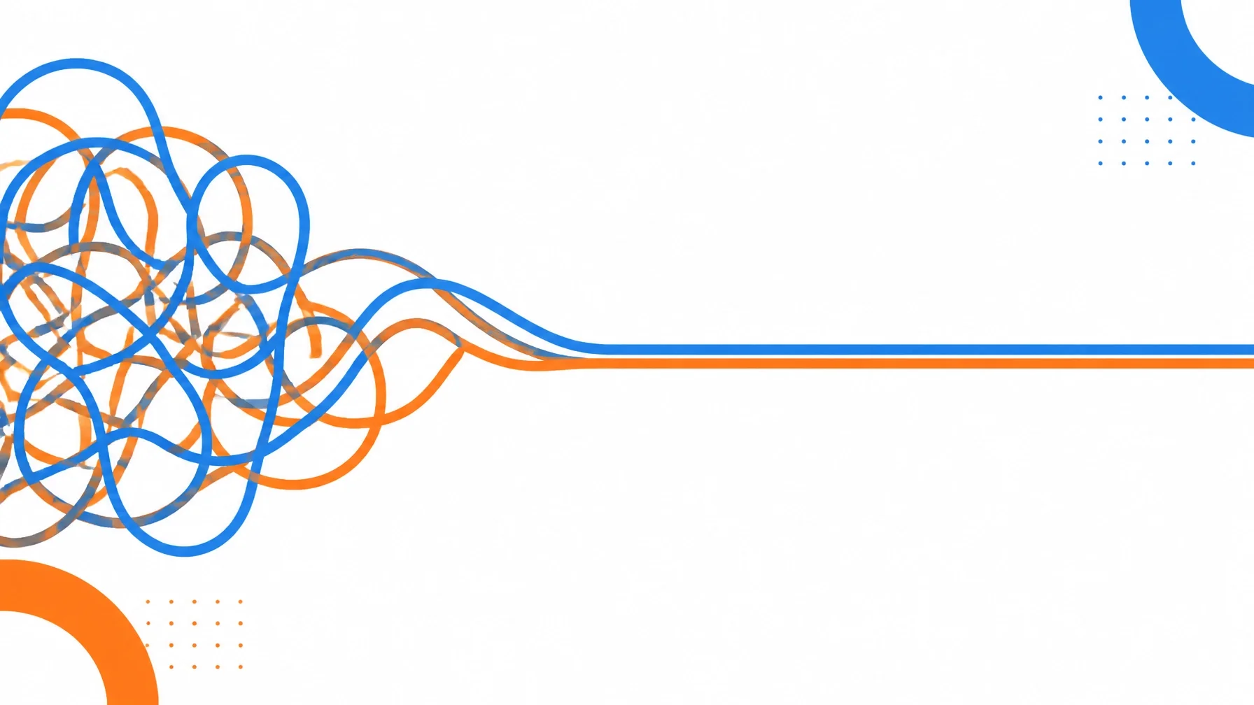A minimalist representation of chaos transitioning into a straight line of order, using bold blue and orange colors.