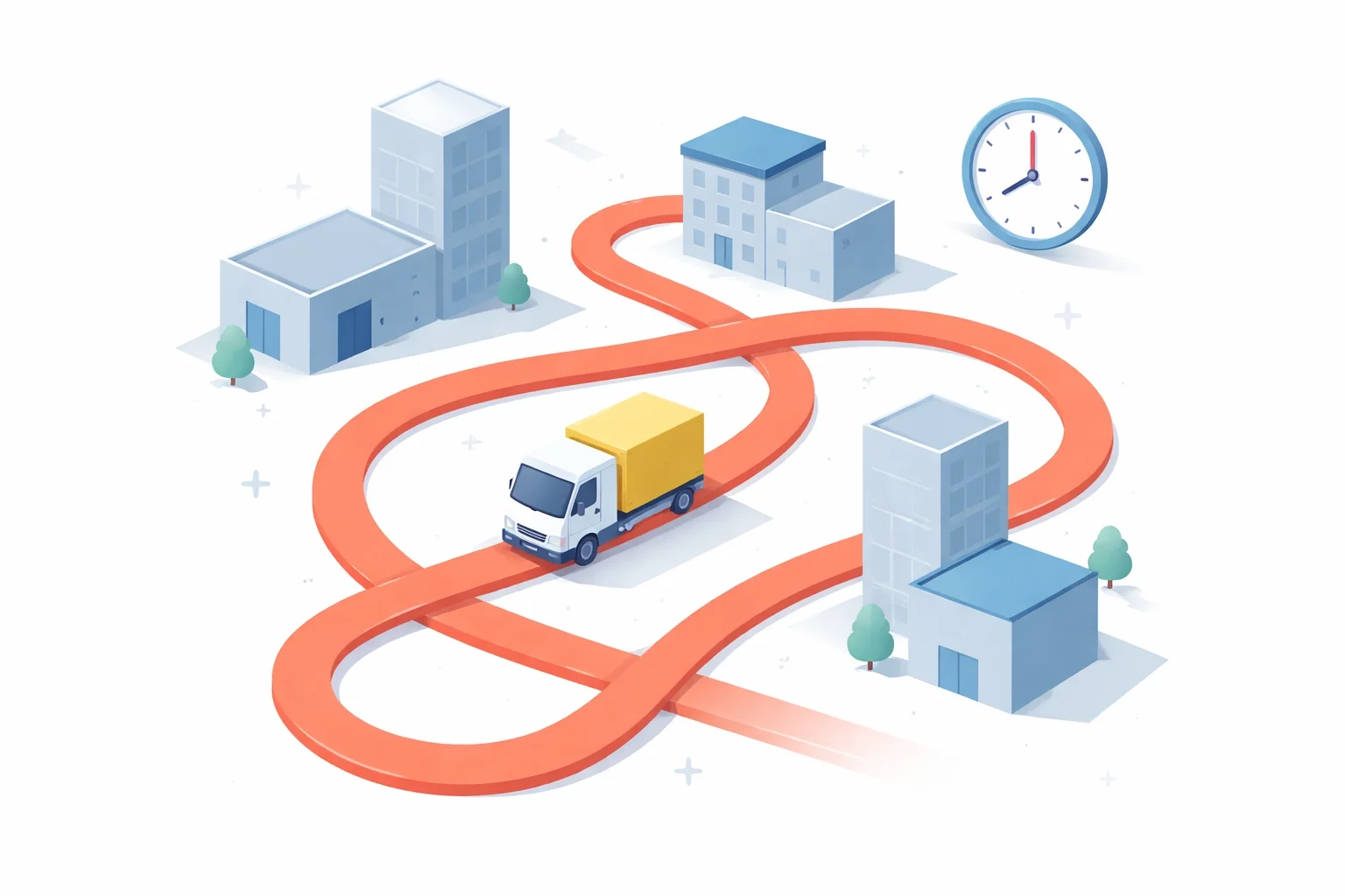 Service truck driving an inefficient looping route between job sites, representing wasted time, poor scheduling, and routing inefficiency.