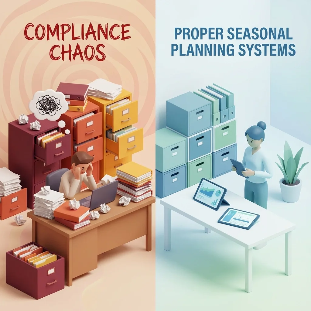 Split illustration comparing compliance chaos with paperwork overload versus clean seasonal planning systems and organized workflows.