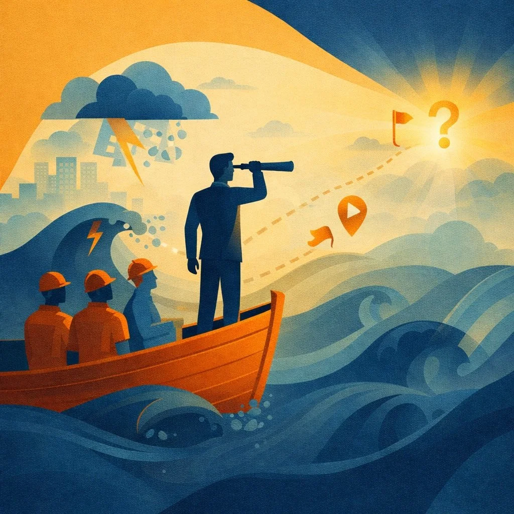 Construction leader navigating uncertainty while guiding field crew through stormy conditions and strategic challenges.