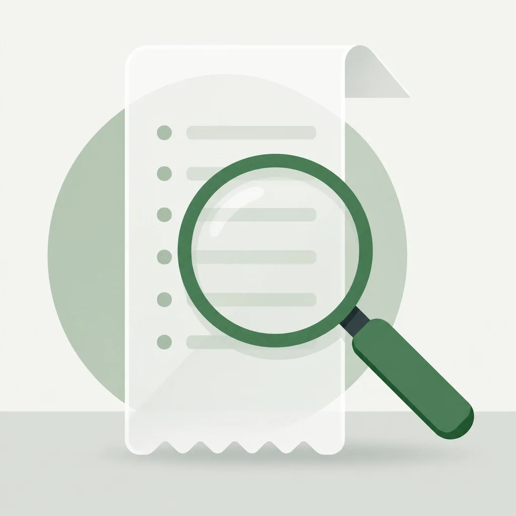 Minimalist illustration of a receipt or checklist under a magnifying glass, symbolizing auditing, expense tracking, document review, compliance, and detailed analysis.