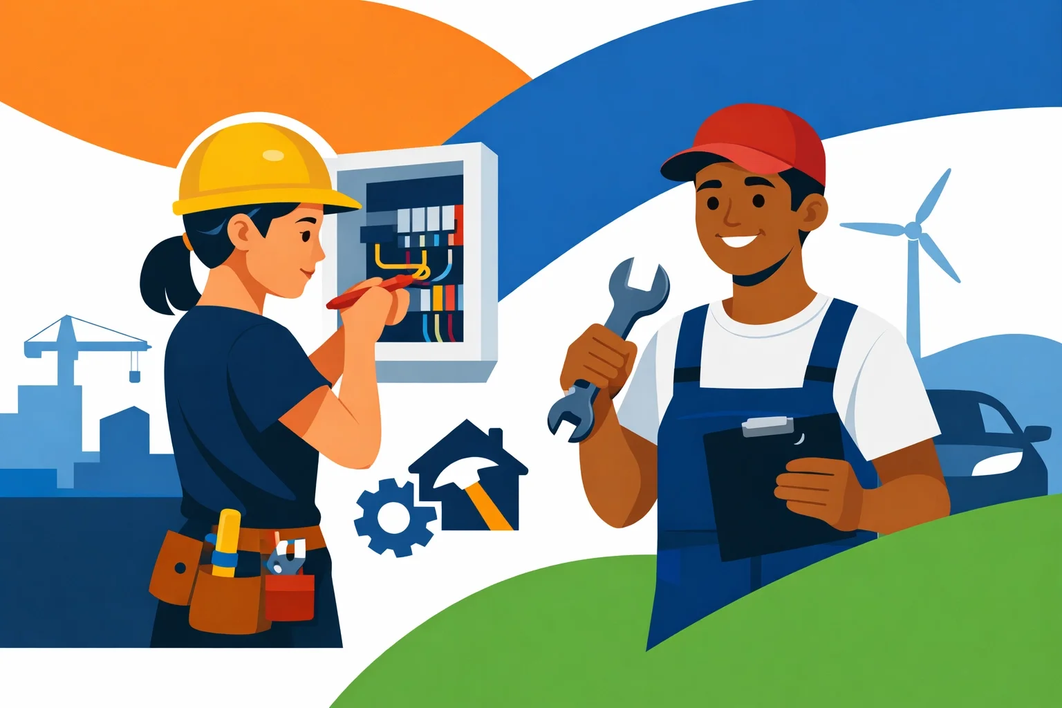 Electrician and field technician collaborating on electrical panel work, representing skilled trades teamwork and technical field service