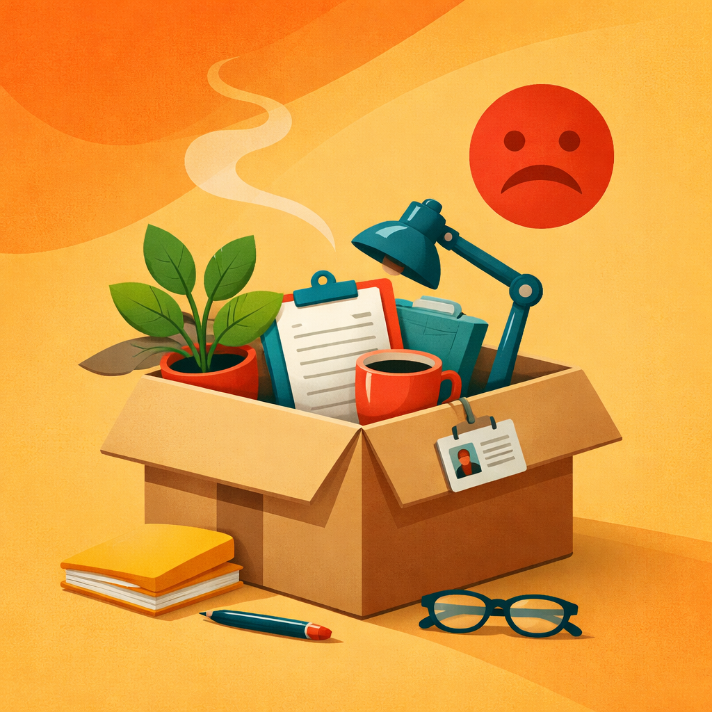 Minimalist podcast hero image showing an office box with work items symbolizing employee burnout and resignation, using bold flat colors and modern curved geometric accents.