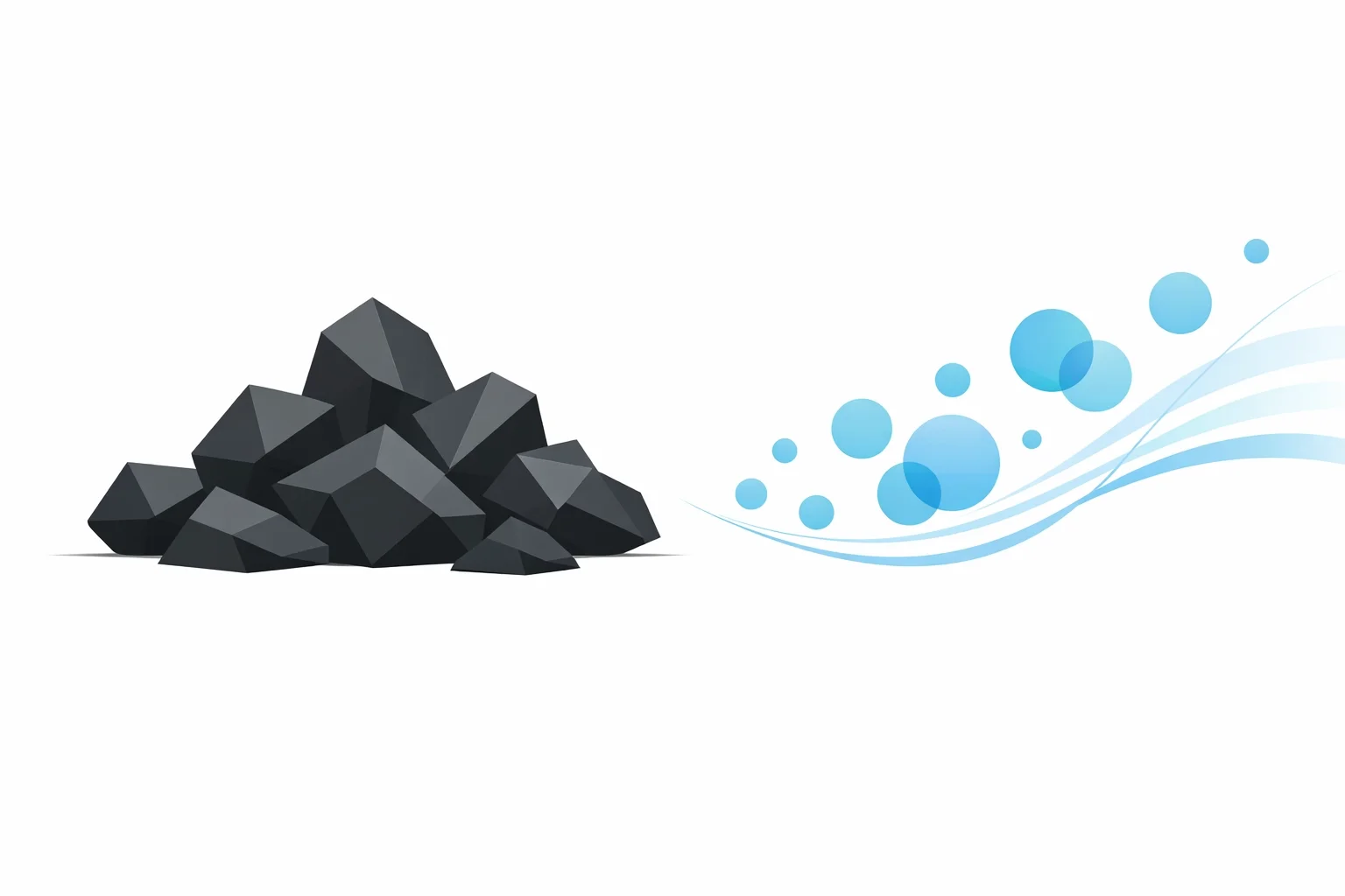 Pile of dark rocks transforming into flowing blue elements, representing simplification, refinement, and turning complexity into streamlined outcomes.