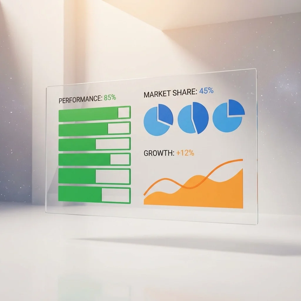 Business analytics dashboard showing performance score, market share charts, and growth trends for company reporting.