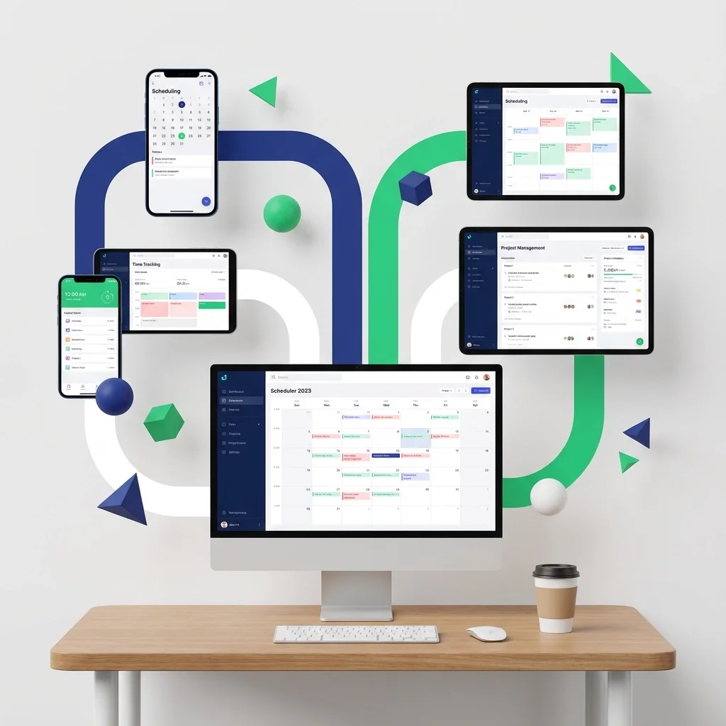 Modern workspace illustration displaying scheduling and time tracking software across desktop, tablet, and mobile devices.