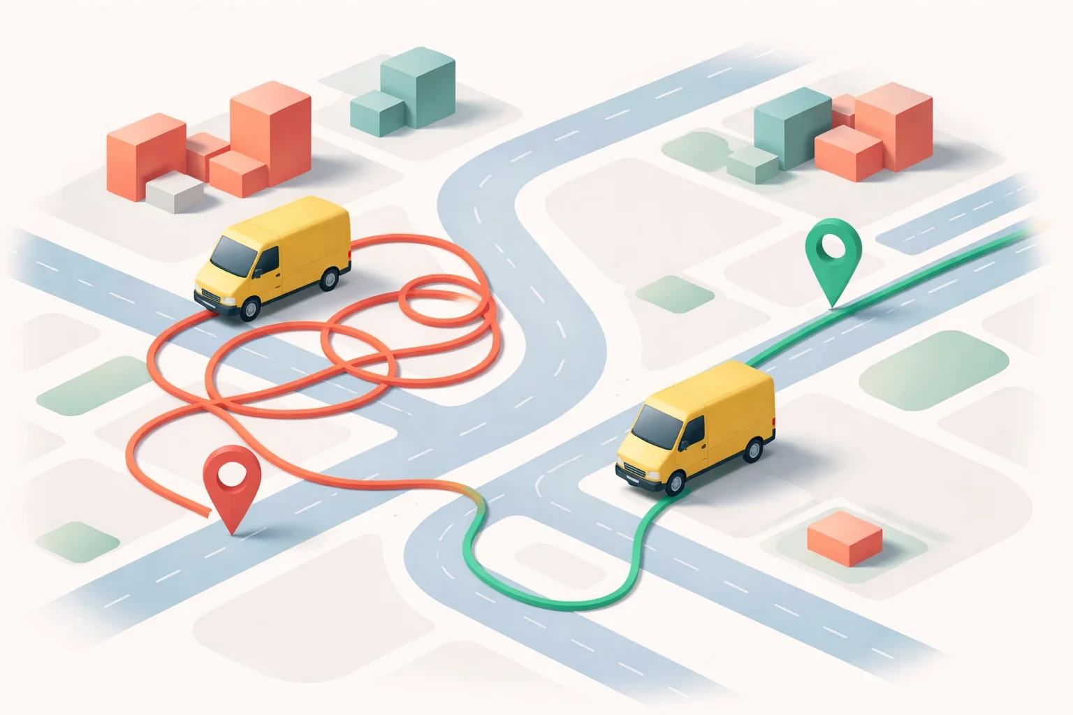 Fleet tracking illustration showing delivery vans with inefficient route versus optimized GPS route on a city map