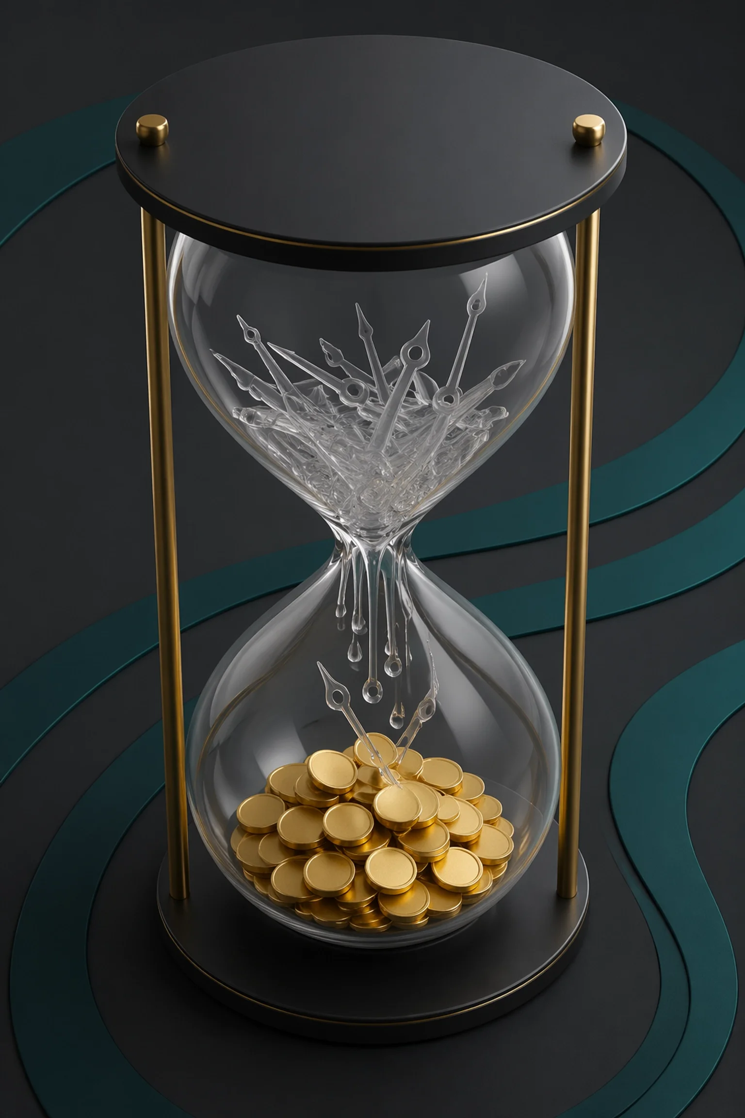 Glass hourglass filled with clock hands dripping into coins, representing time converting into money and the cost of inefficiency.