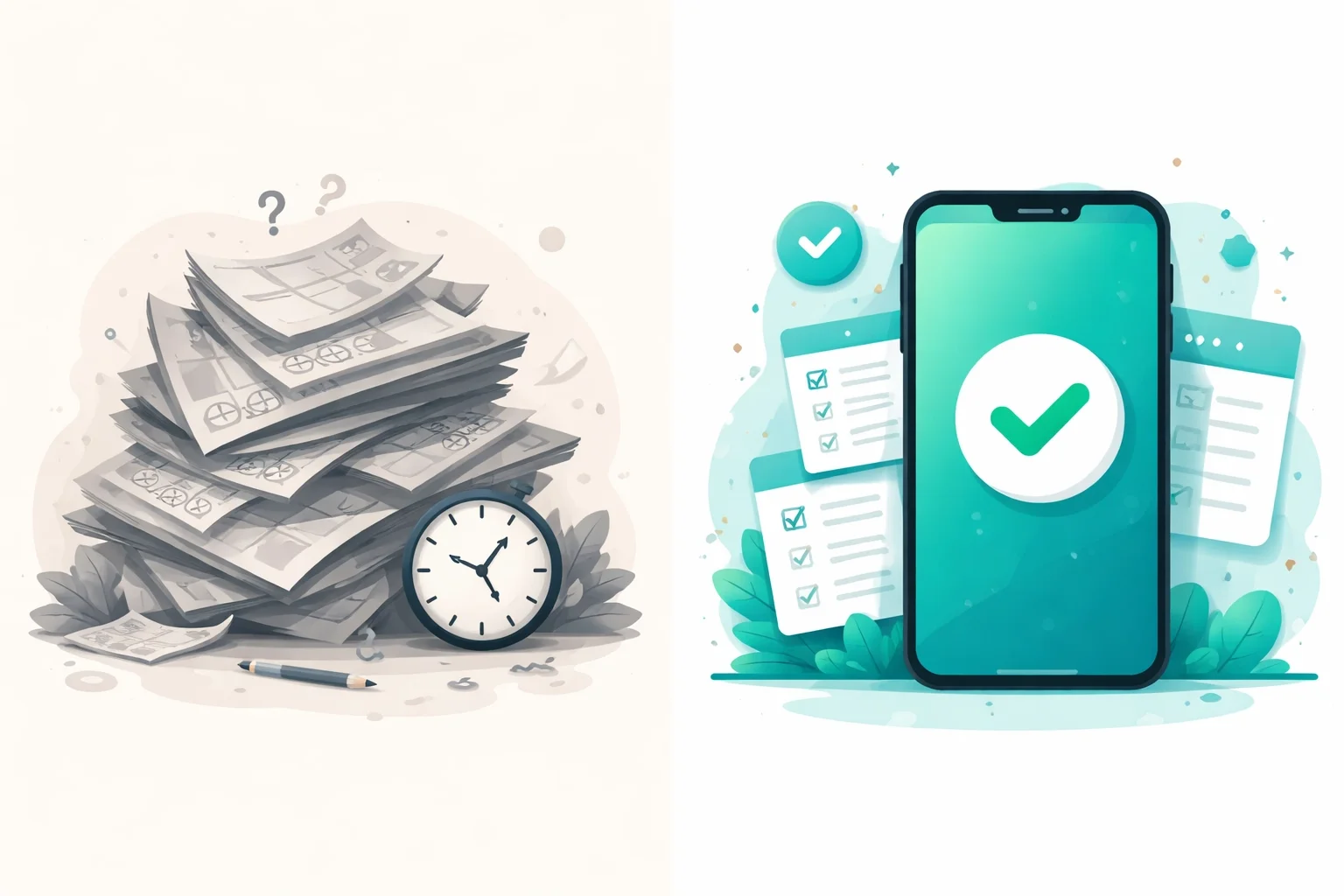 Illustration comparing messy paper timesheets and manual tracking with a mobile app showing completed digital checklist and time tracking approval