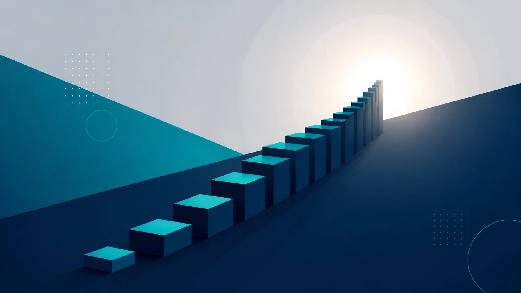 A series of small geometric blocks forming a rising staircase toward a glowing horizon, representing compounding growth and small steps.