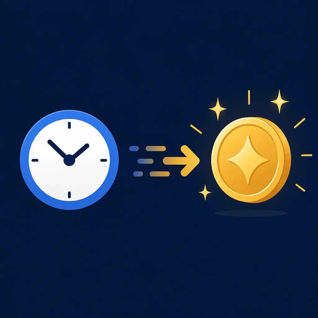 A digital clock icon being transformed into a small, shining gold coin, representing the conversion of time into value through efficiency.