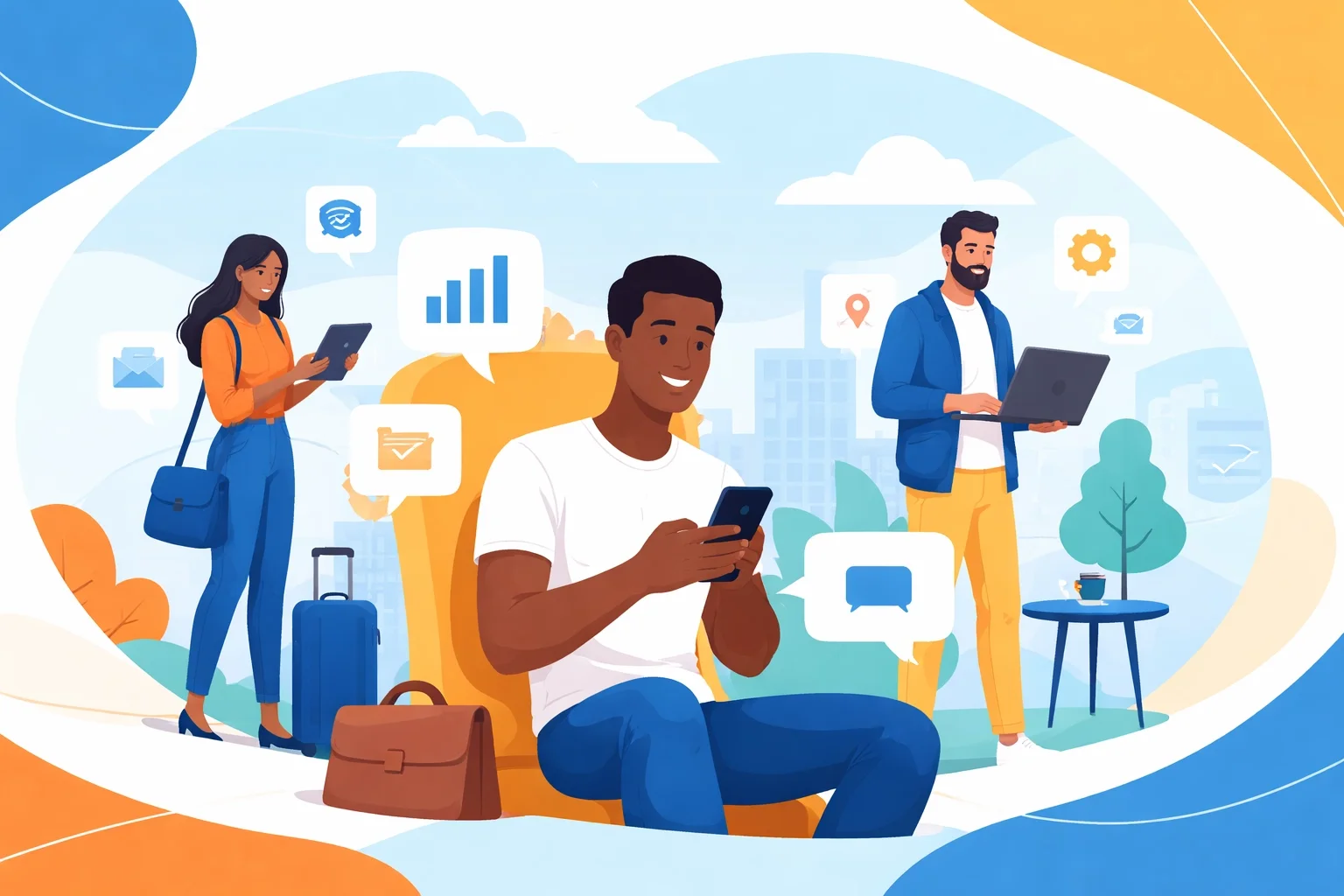 Mobile workforce professionals using smartphones and laptops with cloud communication and productivity icons in the background