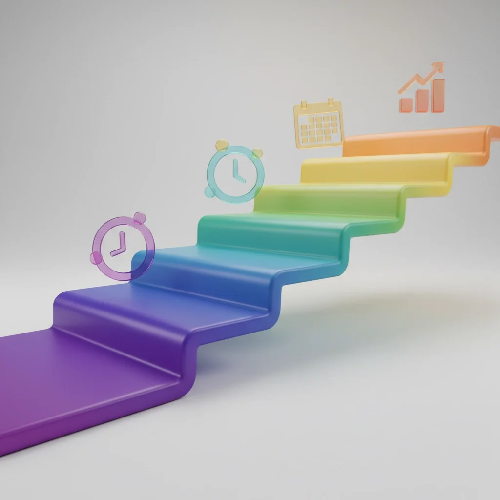 3D illustration of a rainbow-colored staircase with floating clock, calendar, and growth icons symbolizing progress and time management.