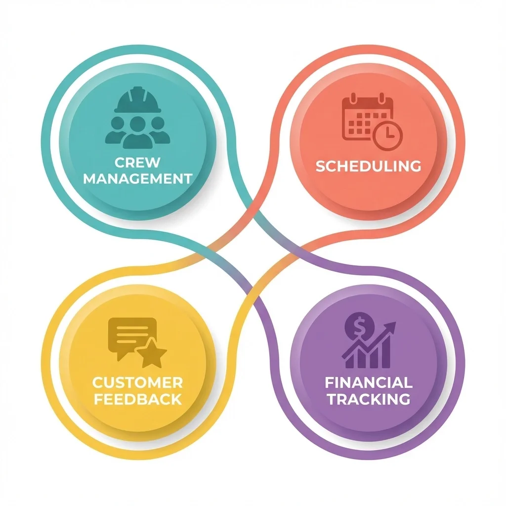 Infographic showing crew management, scheduling, customer feedback, and financial tracking connected in a unified system.