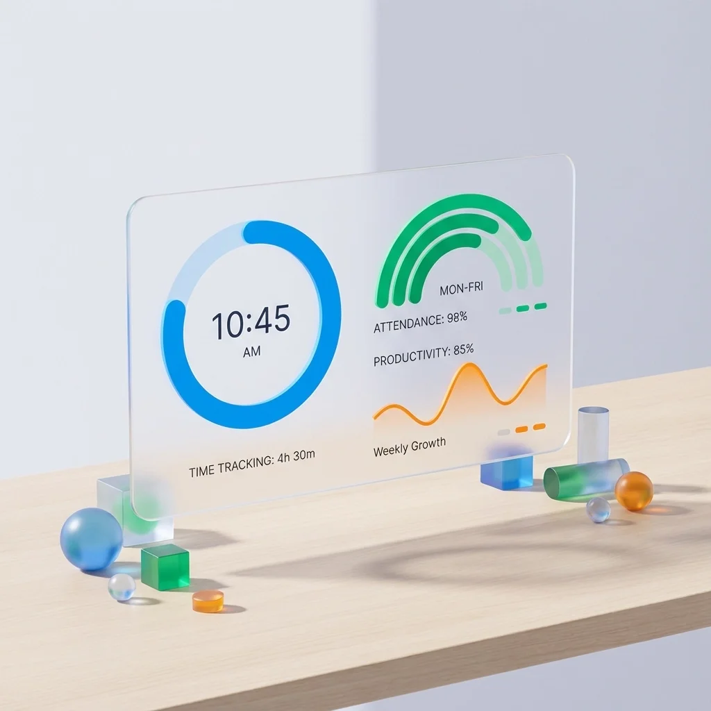 3D illustration of a digital time tracking dashboard showing attendance, productivity metrics, and weekly growth analytics.