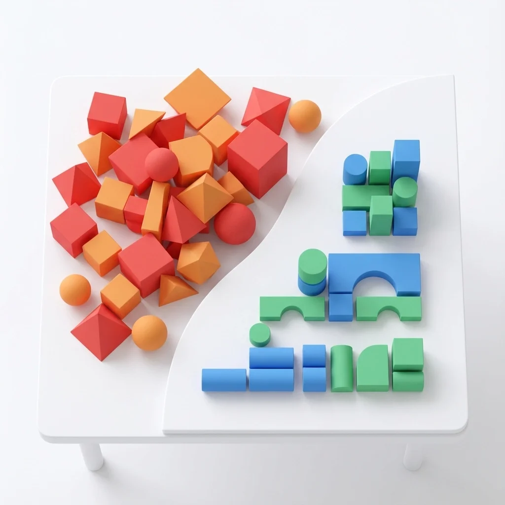 3D illustration showing scattered red blocks transforming into organized blue and green components, representing moving from operational chaos to structured systems.