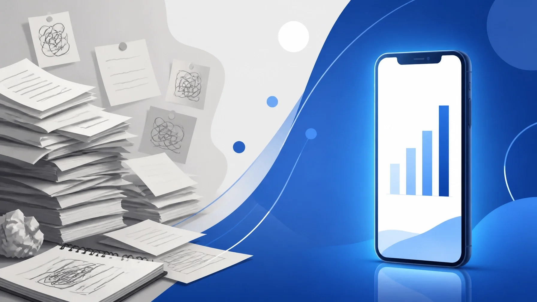 A minimalist comparison of messy paper stacks versus a clean, sleek digital interface representing clarity