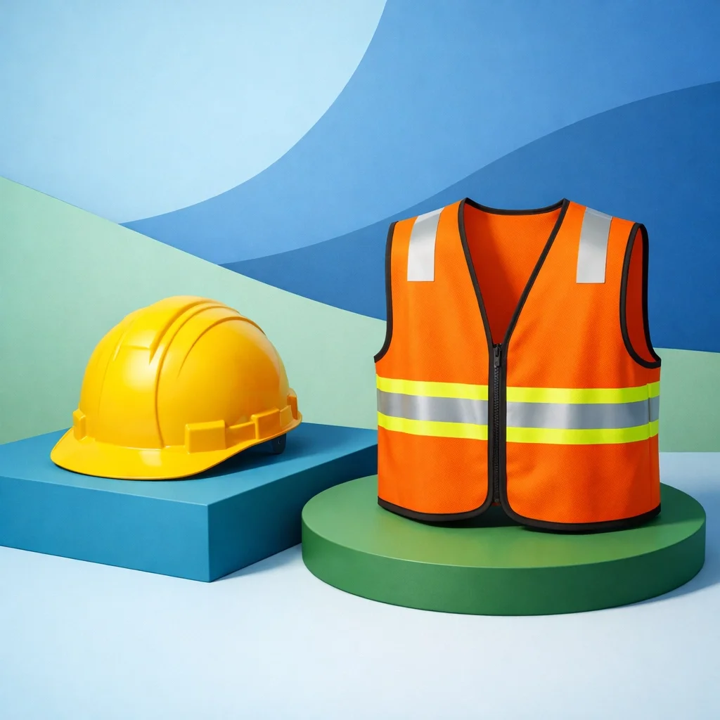 Construction safety gear including hard hat and high-visibility vest, symbolizing job site compliance and worker protection.