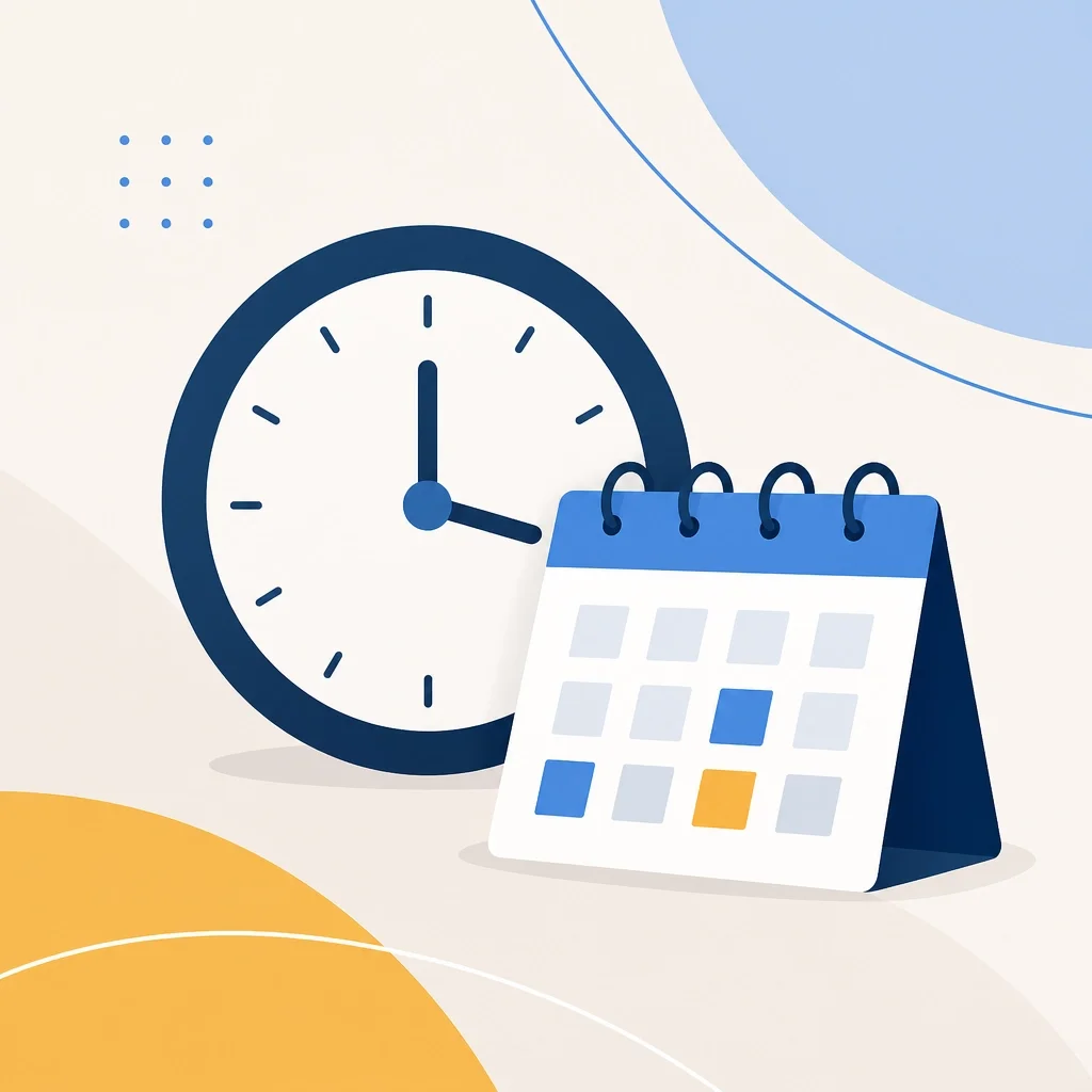 Clean illustration of a wall clock beside a desk calendar, symbolizing scheduling, time management, planning, deadlines, and workforce organization.
