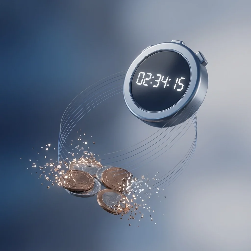 3D illustration of a stopwatch pulling apart coins, symbolizing how time delays increase labor costs and waste money.