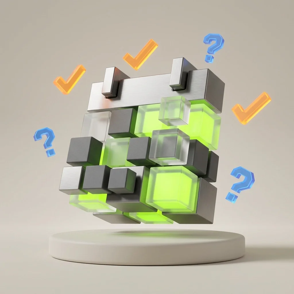 3D geometric cube with glowing sections, checkmarks, and question marks, representing complex decision-making and system logic.