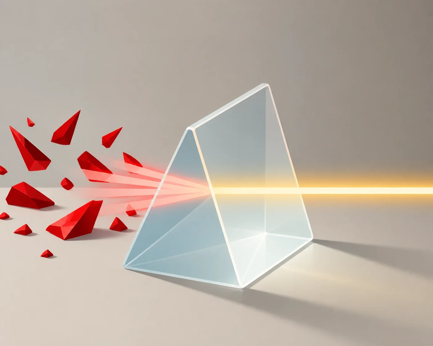 Prism turning scattered fragments into a focused beam, symbolizing business data clarity and growth.