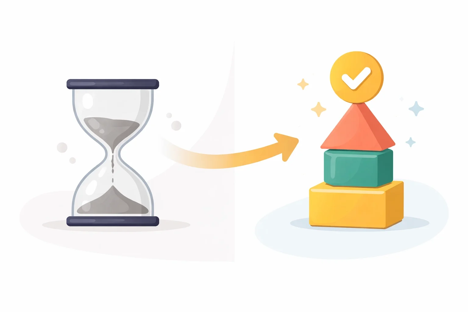 Hourglass transitioning into stacked blocks with a checkmark, symbolizing efficient time management and completed tasks