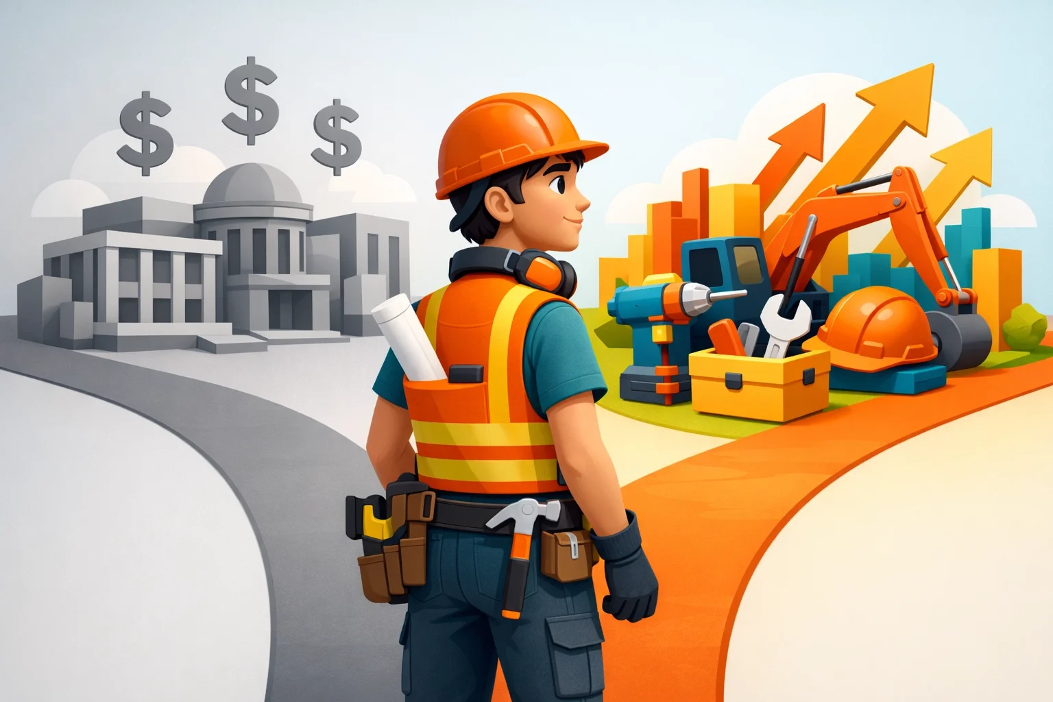 Construction worker choosing path between government regulation costs and business growth opportunities in the skilled trades industry