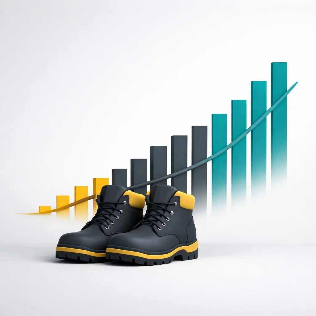 Work boots in front of a rising bar chart, symbolizing steady growth, productivity, and progress in field operations.