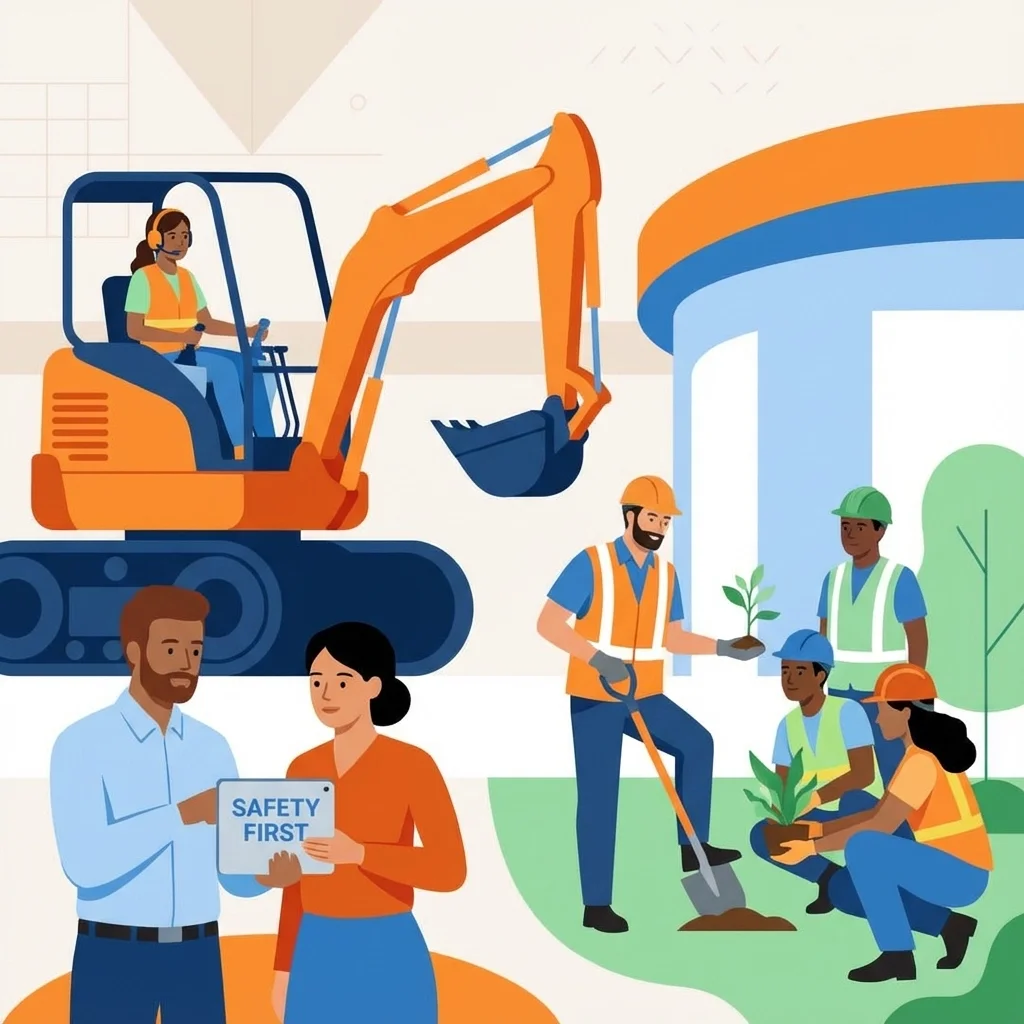 Illustration of a construction and landscaping team working together with heavy equipment, safety gear, and planting tasks, emphasizing teamwork and job site safety.