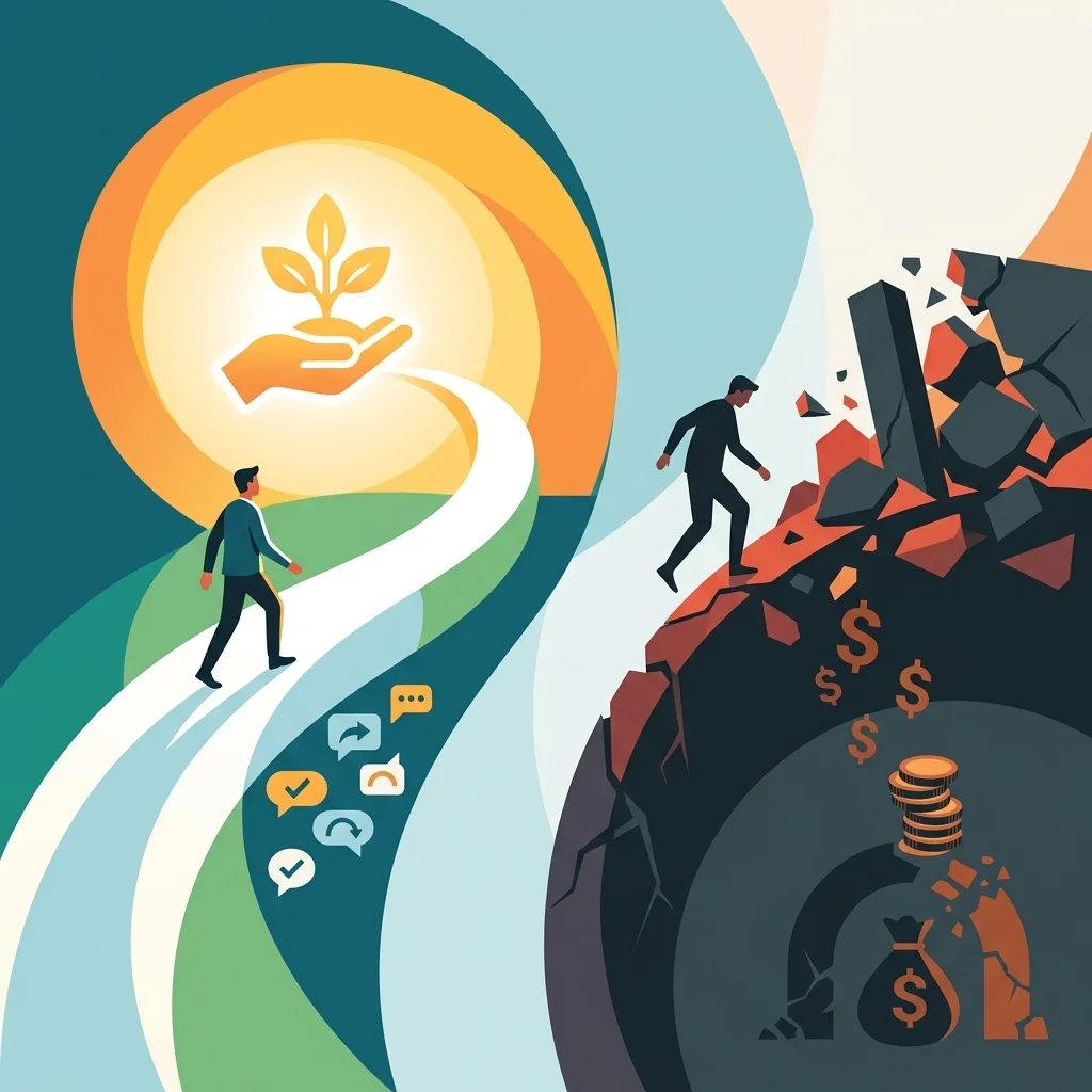 Two paths showing contrast between a positive journey toward growth and sustainability versus a risky path toward financial loss and instability.