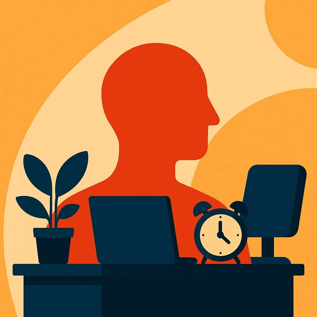 Minimalist illustration of a person’s silhouette at a desk with a laptop, plant, and alarm clock, representing focus, productivity, and daily workflow.