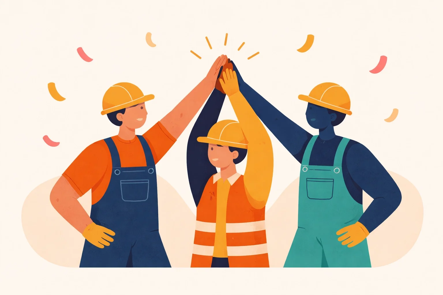 Construction team celebrating success with a high five, representing strong crew morale, teamwork, and job site collaboration.