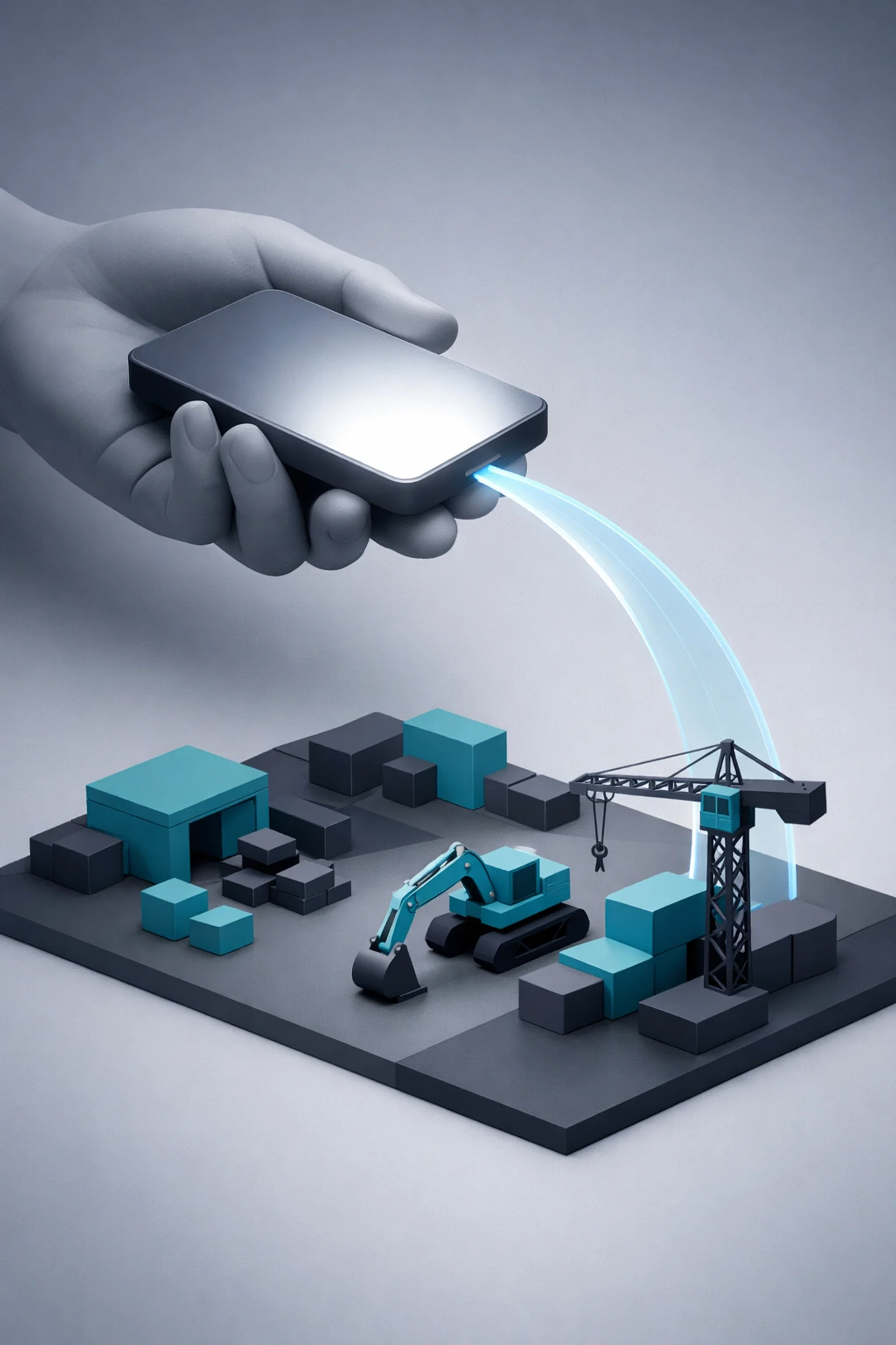 Mobile technology powering construction automation with smartphone projecting digital workflow onto jobsite model.