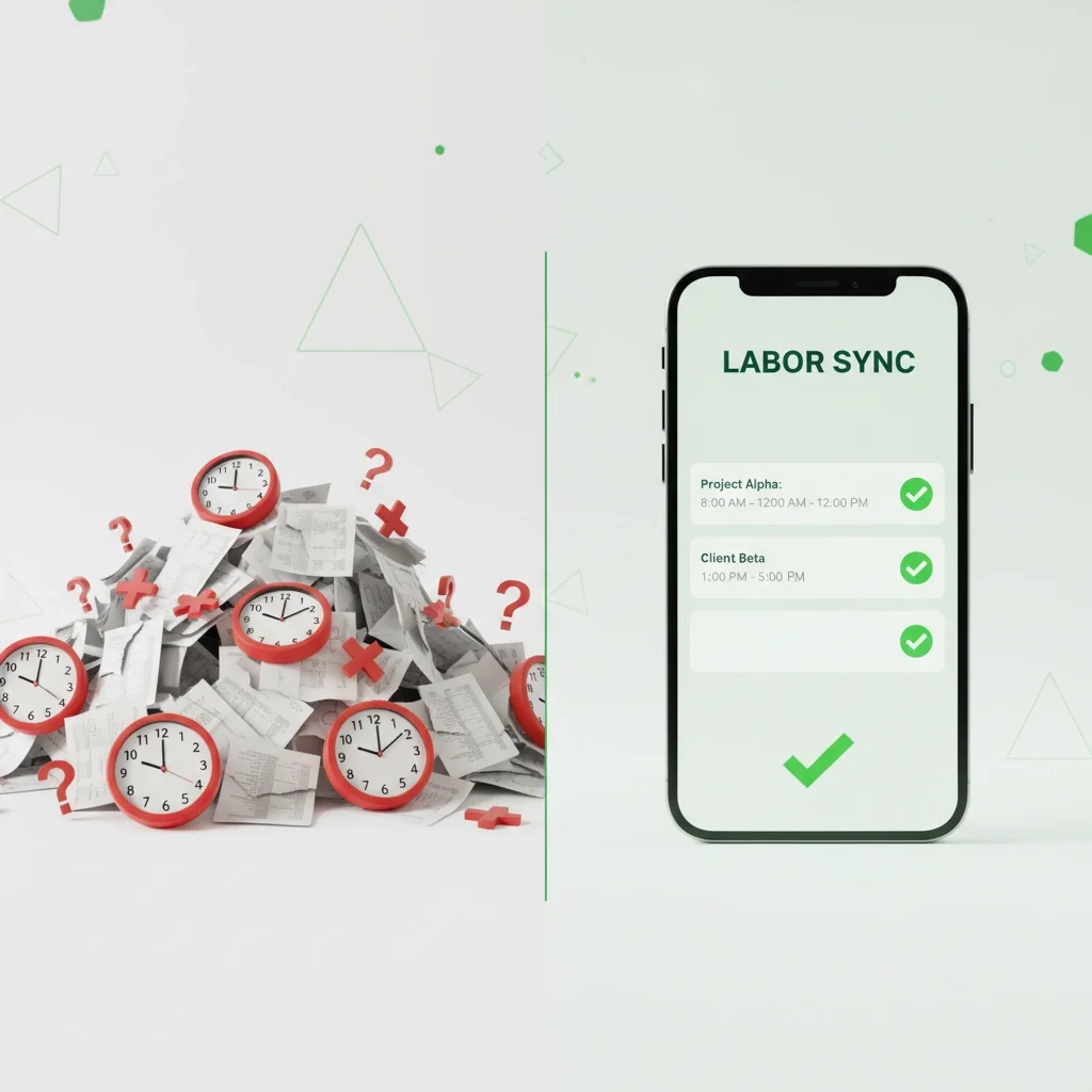 Comparison image showing a pile of paper timesheets with clocks and confusion marks versus a mobile app displaying accurate digital time logs with check marks.