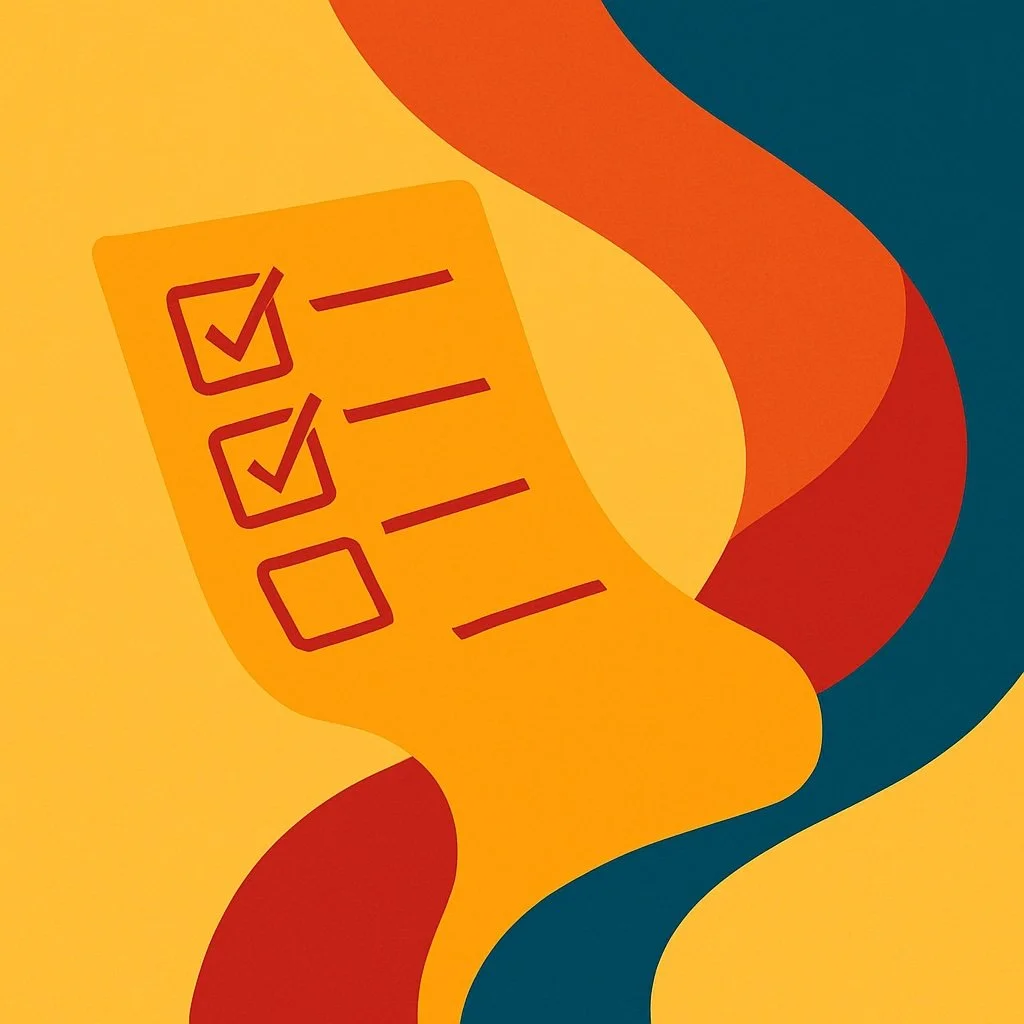 Minimalist 1:1 illustration showing a flowing, distorted checklist against bold curved geometric shapes in warm yellow, orange, red, and deep teal, symbolizing breaking free from rigid task-based living.