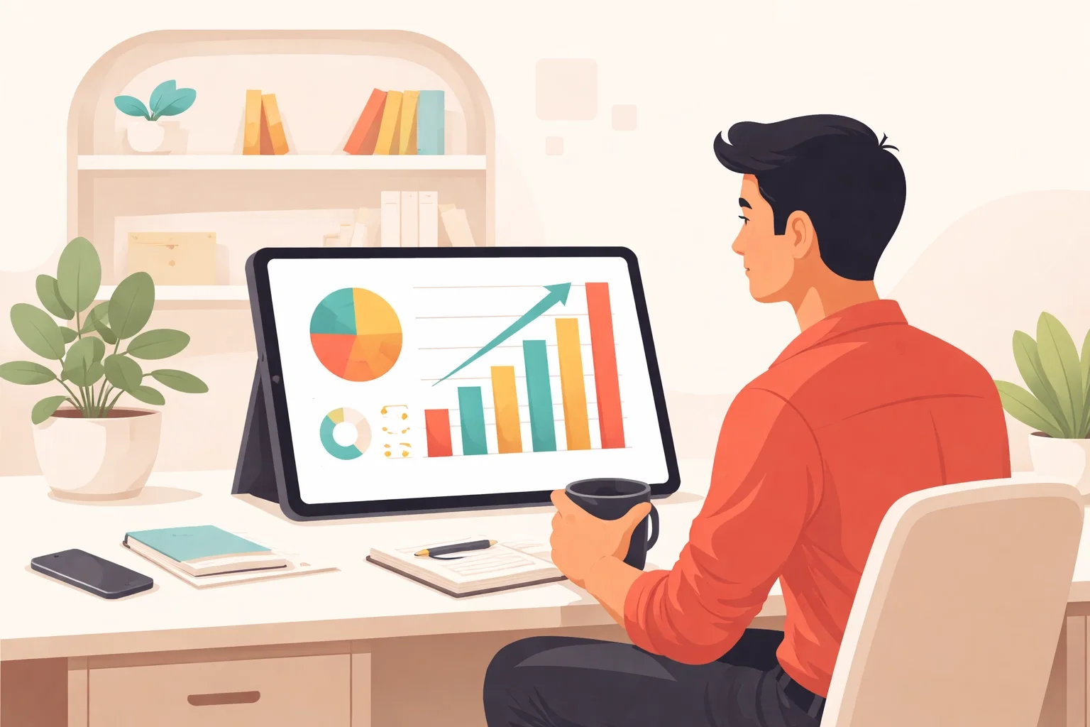 Business professional reviewing analytics dashboard with bar charts and pie charts on a desktop monitor in a home office setting