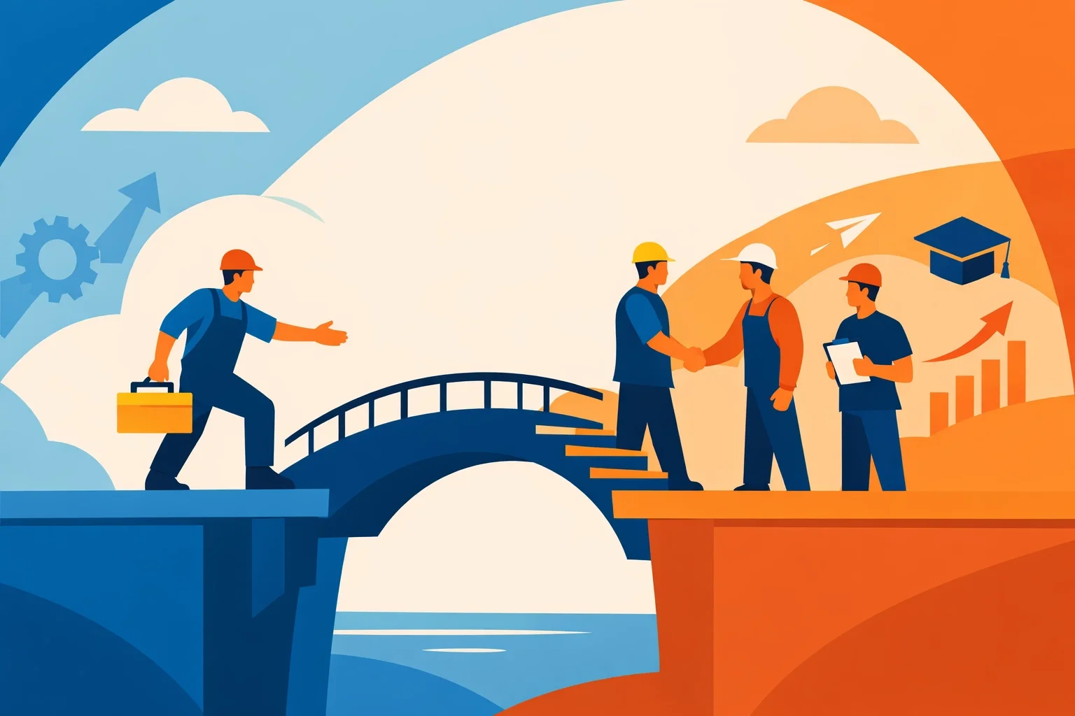 Construction worker crossing a bridge to join a team, symbolizing career growth, workforce development, and professional advancement.
