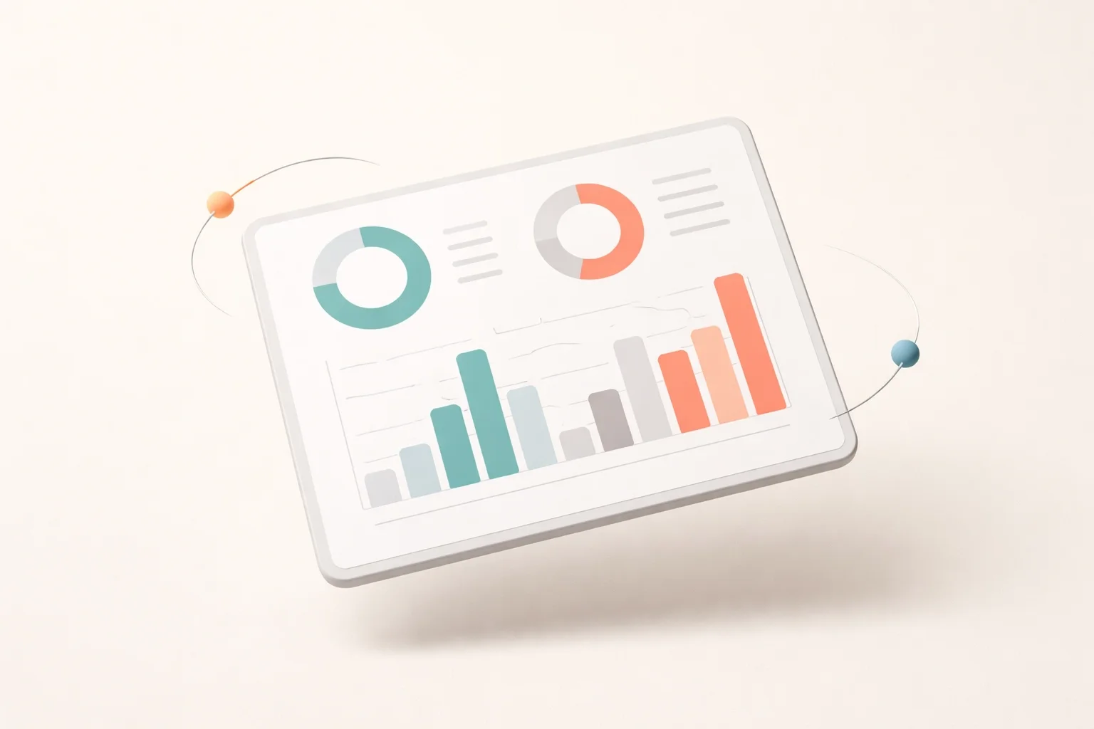 Minimal dashboard illustration with bar charts and circular metrics, representing real-time business insights and reporting.